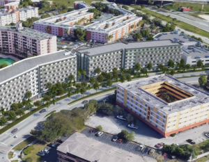 Rendering of Pinnacle’s Caribbean Isles affordable senior housing development in Miami featuring a 142-unit transit-oriented community for residents age 62 and older in Miami-Dade County.
