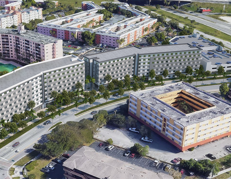 Rendering of Pinnacle’s Caribbean Isles affordable senior housing development in Miami featuring a 142-unit transit-oriented community for residents age 62 and older in Miami-Dade County.