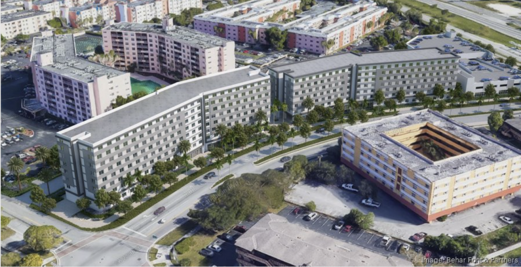 Rendering of Pinnacle’s Caribbean Isles affordable senior housing community in south Miami-Dade County, the second phase of a transit-oriented development expanding affordable housing for older adults.